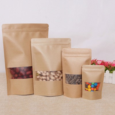 Custom logo doypack resealable zipper kraft food packaging paper bags with clear window